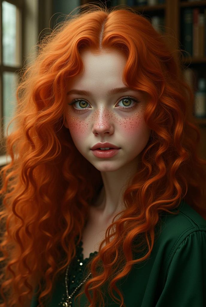 redhead with long curly hair, she has lots of freckles, she has dark green eyes/marrons et elle fait partie de la maison poufsouffle dans harry potter