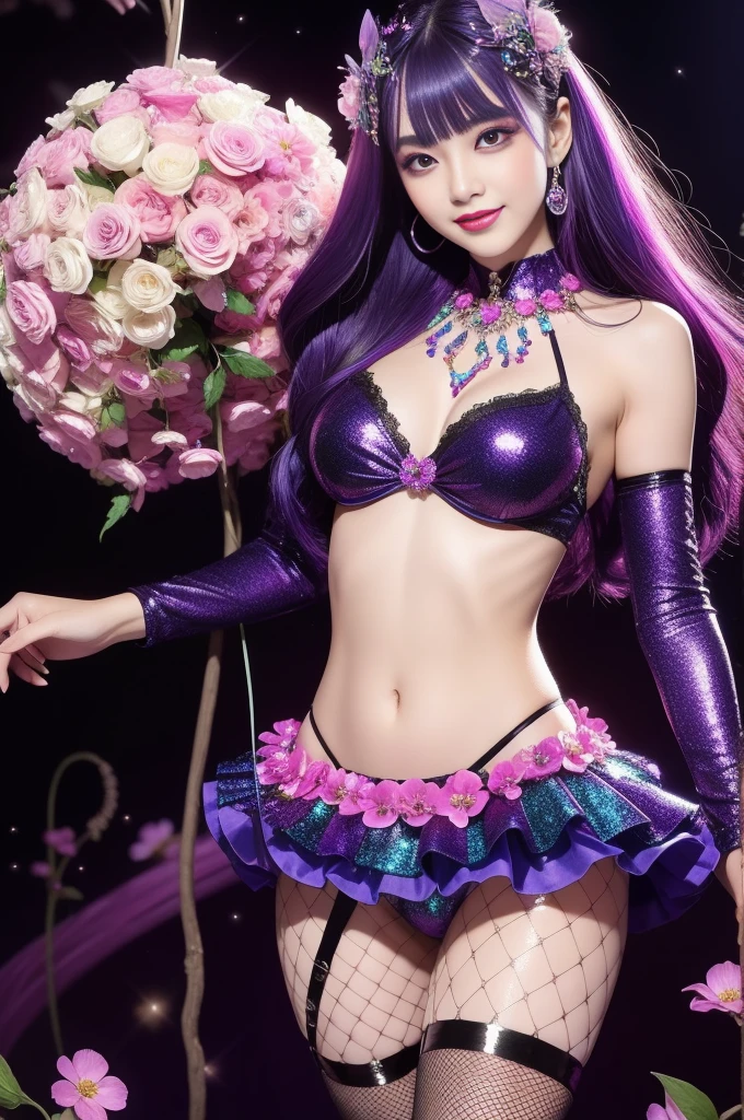 beautiful sexy model who controls poison、beautiful smile、lipgloss、long lashes、intense makeup、look at the camera、full body Esbian、、sparkling poisoned flower costume、、、、shiny sparkling multicolor hair、secrete poison、skull hair accessories、fishnet tights、shiny sparkling flowers background