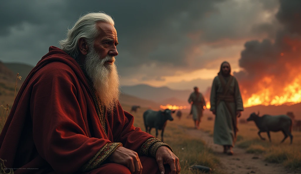 "Create a scene where Job is receiving devastating news from a series of messengers. Job is seated or standing in the foreground, looking distressed and overwhelmed. A second messenger is arriving, breathless, to deliver more bad news. The background should include a hint of the destruction, such as burning fields or livestock, to emphasize the calamity. The sky is dark and stormy, reflecting the sorrow and tension of the moment. The overall mood should convey a sense of relentless disaster and Job's growing despair." com saeus cabelos branco