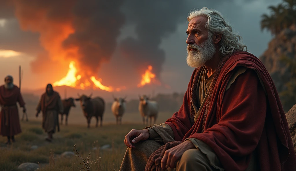 "Create a scene where Job is receiving devastating news from a series of messengers. Job is seated or standing in the foreground, looking distressed and overwhelmed. A second messenger is arriving, breathless, to deliver more bad news. The background should include a hint of the destruction, such as burning fields or livestock, to emphasize the calamity. The sky is dark and stormy, reflecting the sorrow and tension of the moment. The overall mood should convey a sense of relentless disaster and Job's growing despair." com saeus cabelos branco