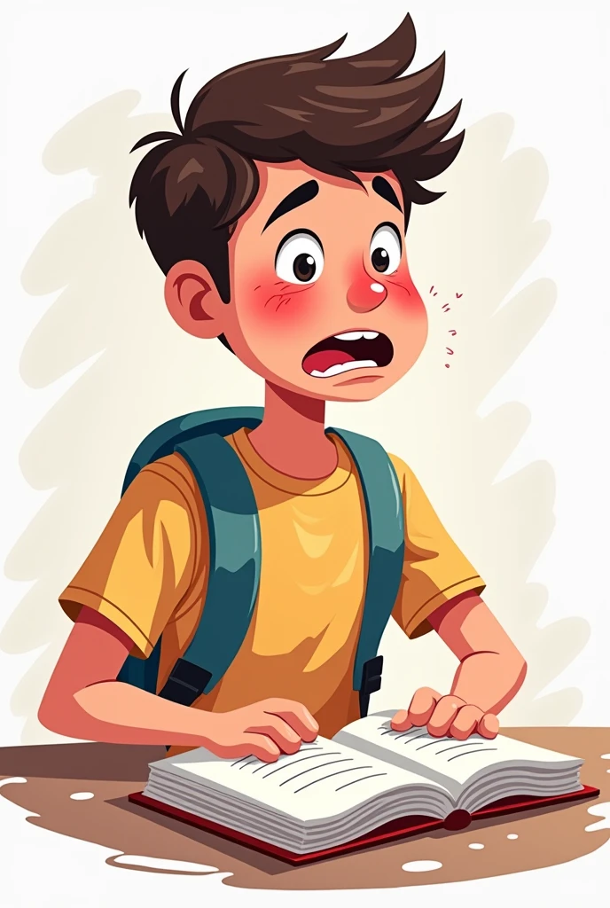 I am looking for an illustration of a student with a red face and sweat in the following style: drawing style: Modern and vector, with smooth, clean lines, and vibrant colors. Cartoonish but realistic. Color: Using a palette of bright and contrasting colors that are pleasant and eye-catching. FORMAT: Illustrations arranged in a book or manual style. This illustration is intended for a guidance and training manual, so it must be clear, accessible and visually appealing."

