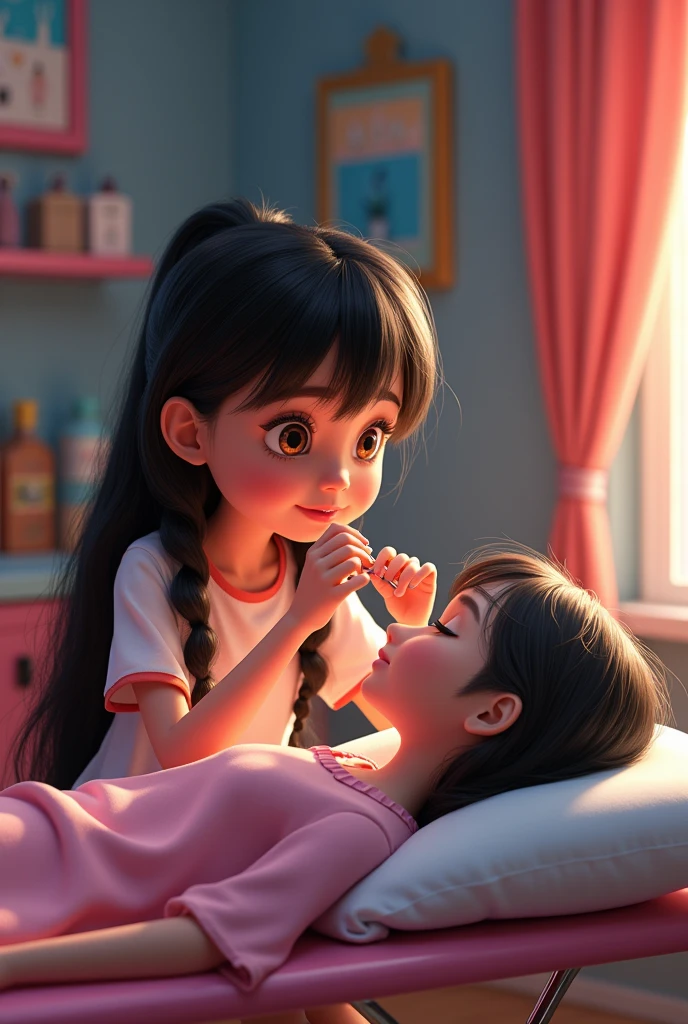 CREATE A DARK-HAIRED GIRL PUTTING EYELASHES ON ANOTHER GIRL ON A STRETCHER AND AN EYELASH STUDIO IN PIXAR OR DISNEY ANIMATION