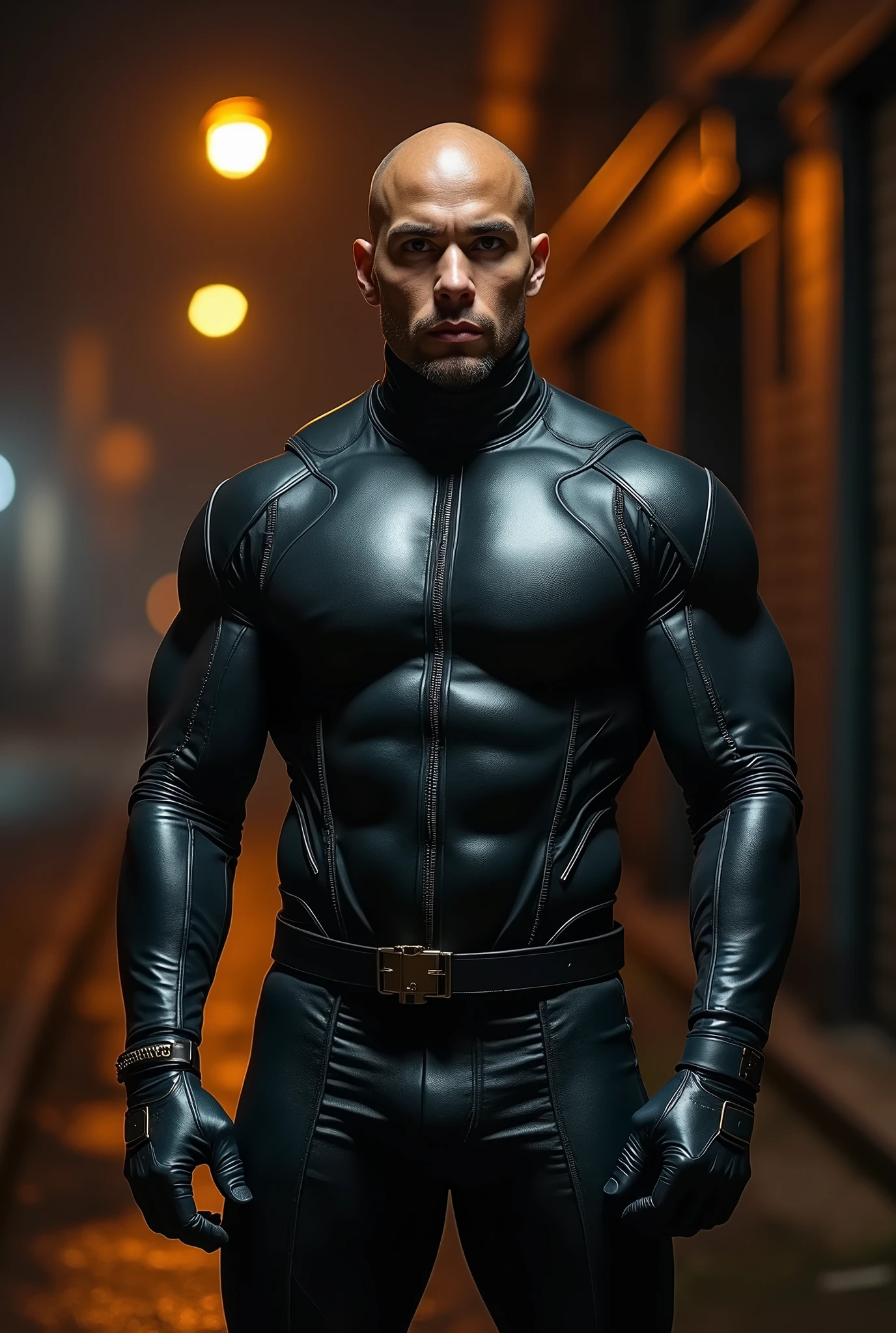A handsome brown man with bald head with baby hairs, he's wearing a black leather soldier suit,his face is round