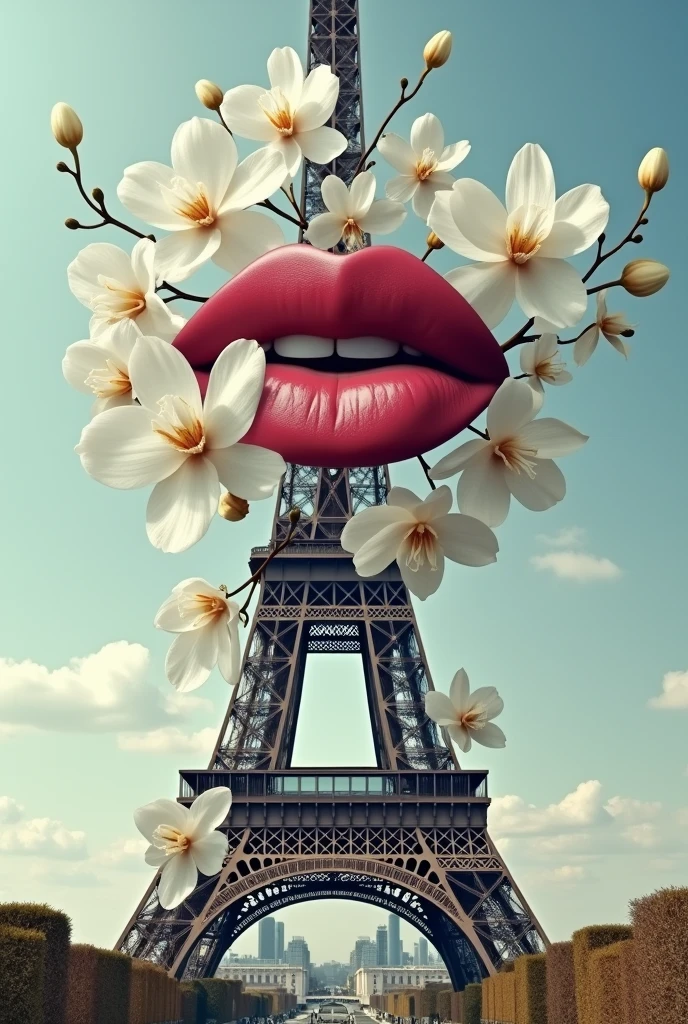 create me a picture with the effiel tower with white orchid flowers and with marily monroe's lips