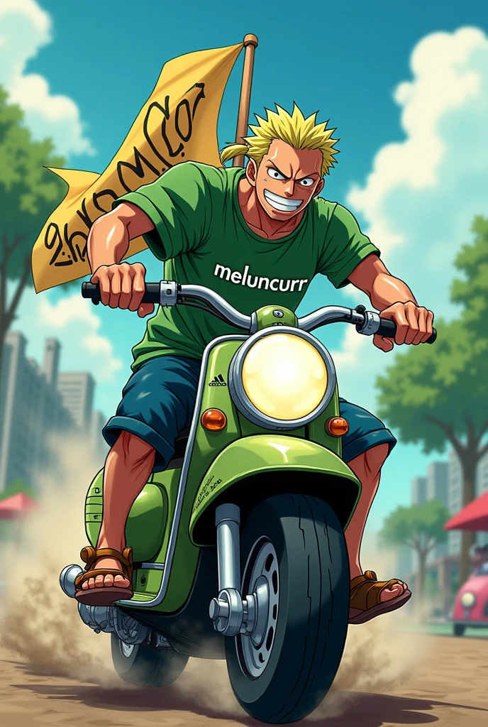 Anime One Piece Zoro is riding a moped , zoro mullet hairstyle , The color of his clothes is green , on the front of the shirt there is the word Meluncurr , Adidas clothing brand , bring a mini moped motorbike , raise right hand forward , palms open as if about to slide forward , carrying a banner that reads SABAH MOTO DAY 7.0