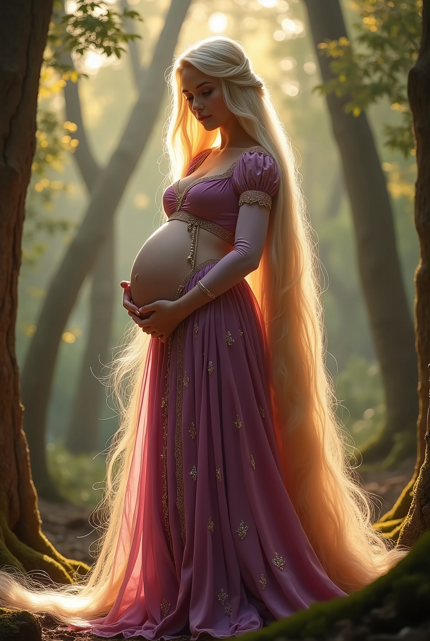 A stunning full body portrait of Rapunzel She is pregnant, holding her belly, extremely long blonde hair, location is enchanted forest, tower, show her body from head to toe, long shot, young and beautiful, hyper realistic, real portrait, backlit, exquisite features, cleavage, sexy, seductive, natural light, soft light, nine months pregnant, large belly, embodiment of love, bare belly,
