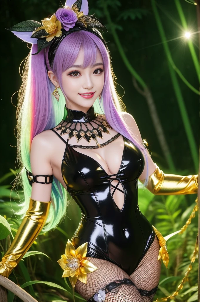 sexy golden princess who controls poison、beautiful smile、lipgloss、long lashes、intense makeup、look at the camera、full body Esbian、、sparkling poisoned flower costume、、、、shiny sparkling multicolor hair、secrete poison、skull hair accessories、fishnet tights、shiny sparkling dark magic forest background