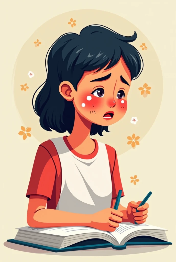 I am looking for an illustration of a student with a red face and sweat in the following style: drawing style: Modern and vector, with smooth, clean lines, and vibrant colors. Cartoonish but realistic. Color: Using a palette of bright and contrasting colors that are pleasant and eye-catching. FORMAT: Illustrations arranged in a book or manual style. This illustration is intended for a guidance and training manual, so it must be clear, accessible and visually appealing."
