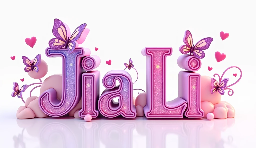 A vibrant and colorful 3D render of the word "JIA LI. The letters are adorned with sparkling embellishments and are in varying shades of pink and purple. The design is further embellished with decorative elements like butterflies, hearts, and swirls. The word "Jiali" is positioned centrally, with the butterflies and hearts surrounding it, giving it a whimsical and feminine feel. The background is a white color
