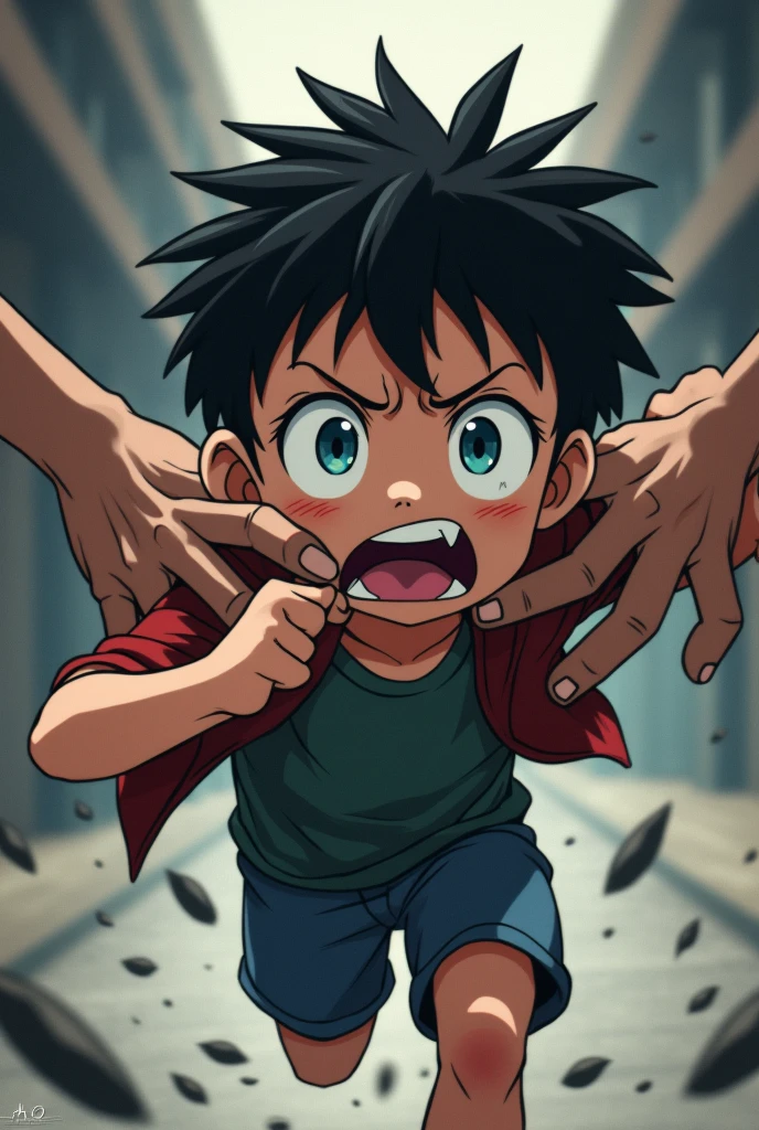a boy running at full speed, with a panicked expression on his face. his eyes are wide open, full of fear, and his mouth is slightly open as if he is screaming or gasping. His posture reflects desperation, with arms extended forward, looking to escape. However, Two powerful hands stop him from behind. These hands, firm and determined, They cling to his mouth and arm, immobilizing him.. The scene captures the moment just before it is completely stopped., highlighting the tension between the boy's urgency to escape and the force holding him back. anime style