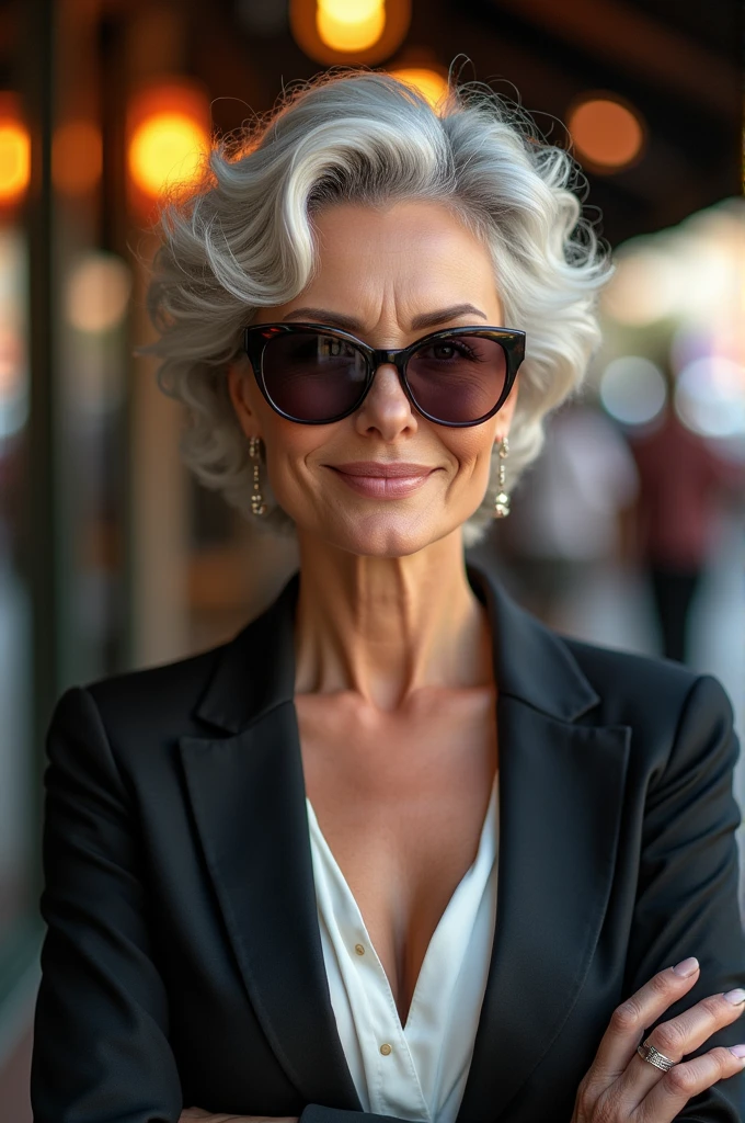woman 50 years old, short, curly, and wavy hair, sunglasses