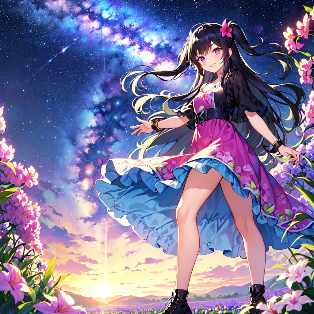 masterpiece, best quality, high quality, extremely detailed, very delicate and beautiful, (1female 18years old Adult alone solo:1.5) , (two-side up long black hair:1.5), bangs to eyebrows, eyes (eyes sharp, strong, glossy, glossy eyebrows), (eye color magenta:1.3), 6.5 head height, (summer dress with canna print:1.3), knee socks,ruffles, (smiling), (walking:1.3), (dynamic pose), (background canna flower field:1.3) , (Milky Way Night Sky:1.3)