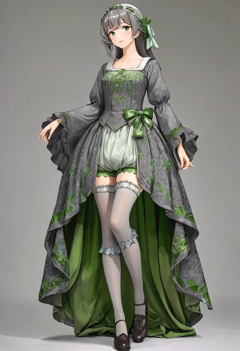 Realistic panties and bloomers made from patterned cotton fabric, Medieval grey one-piece dress with green embroidery and panniers, Fabric Realism, Low Angle, I see bloomers, Pull up the dress by hand, Strong winds, Translucent slip, Translucent slip, tights, Highest quality, Crotch close-up, whole body, Skirt lining