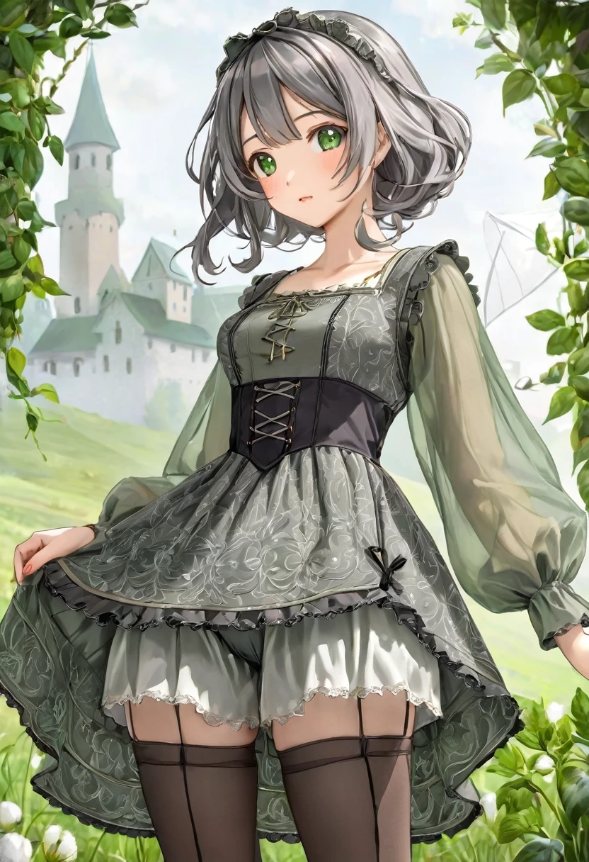 Realistic panties and bloomers made from patterned cotton fabric, Medieval grey one-piece dress with green embroidery and panniers, Fabric Realism, Low Angle, I see bloomers, Pull up the dress by hand, Strong winds, Translucent slip, Translucent slip, tights, Highest quality, Crotch close-up, whole body, Skirt lining