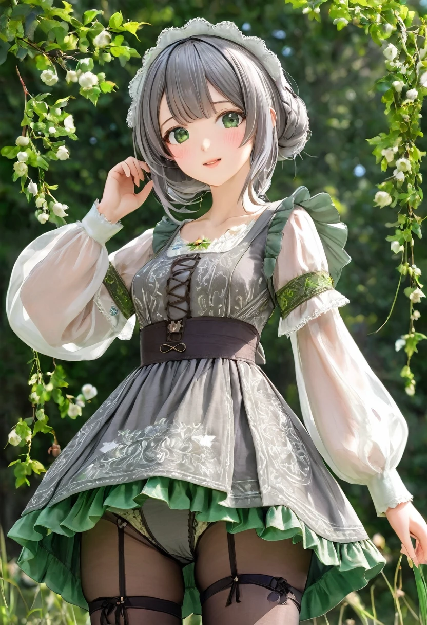 Realistic panties and bloomers e from patterned cotton fabric, Medieval grey one-piece dress with green embroidery and panniers, Fabric Realism, Low Angle, I see bloomers, Pull up the dress by hand, Strong winds, Translucent slip, Translucent slip, tights, Highest quality, Crotch close-up, whole body, Skirt lining