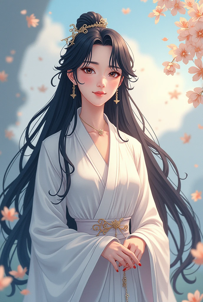 man prince Xie Lian from Heaven's Official Blessing with his long black hair and white silk ropes smiling (chinese anime style)