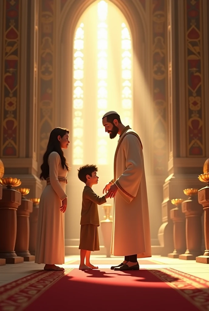 Boy with his mother Israelites presenting him to an Israeli priest without wings in a temple animated by Pixar
