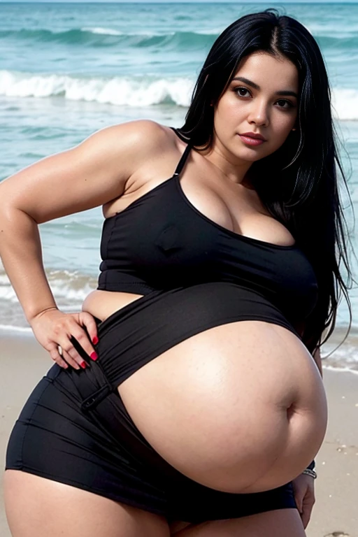 American milf woman, long black  hair, is wearing a miniskirt and a black crop top, prominent belly, pregnant, fat belly, very big belly and has a large bust, and wide hips, is on the beach, India Eisley Face, Blue eyes