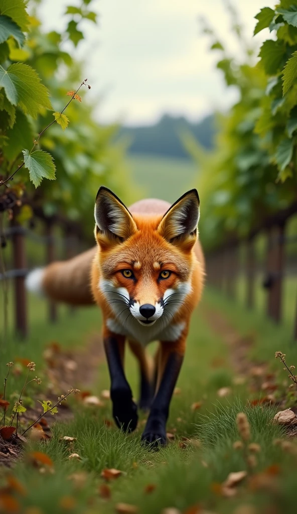 The fox is walking through a lush, green vineyard with a hungry expression.