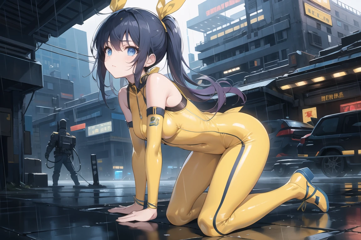 ((masterpiece)), ((best quality)), perfect detailed eyes, perfect detailed face, dark blue hair, quad tails, ribbon, (yellow bodysuit), (armed shoulders), armed arms:1.2, sci-fi movie warrior, shiny costume, Cute girl, detailed face, fine details, diffused reflection of light behind, kneeling in the rain