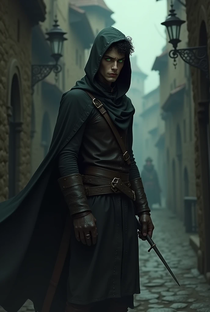A thief of , naughty man, with pale skin, 1,70 tall. He has striking green eyes and curly black hair.. Your build is thin, and he wears leather clothes with a hood, typical of the medieval era. His expression is cautious, befitting his suspicious nature as he navigates the shadows.