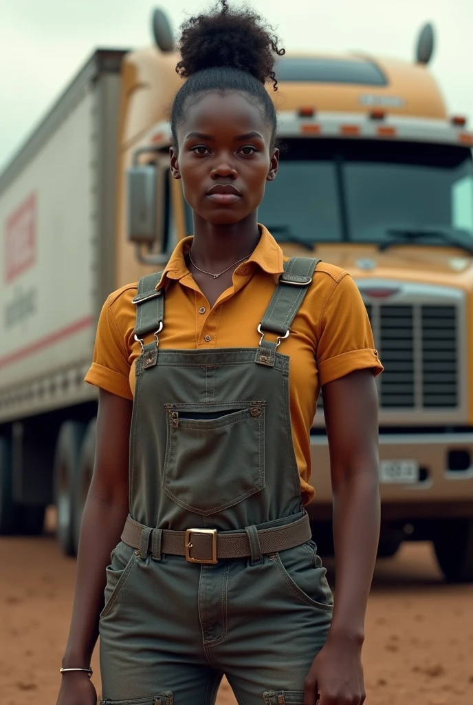 African female truck driver standing in front of the cargo 1 trailer truck, with the side of the trailer visible branded