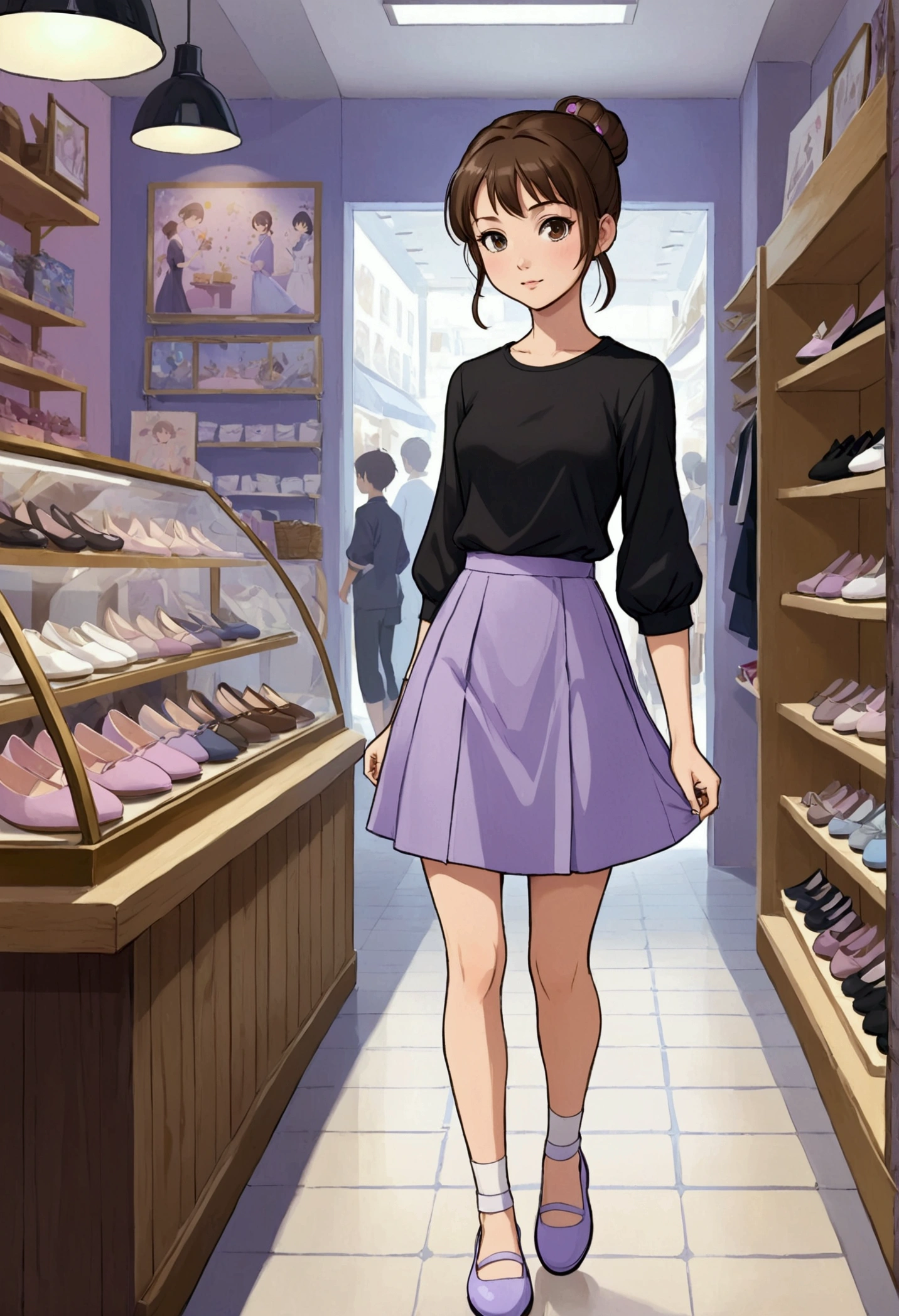 Create a beautiful anime-style image of a beautiful young British girl with straight, loose brown hair, wearing a small bun, wearing a black three-quarter sleeve shirt and a light skirt with details in light blue and lilac transversal lines, on her feet she wears light lavender flat shoes, she is in a shoe store; she is surrounded by people who love her and are happy, she is having fun with all of them.