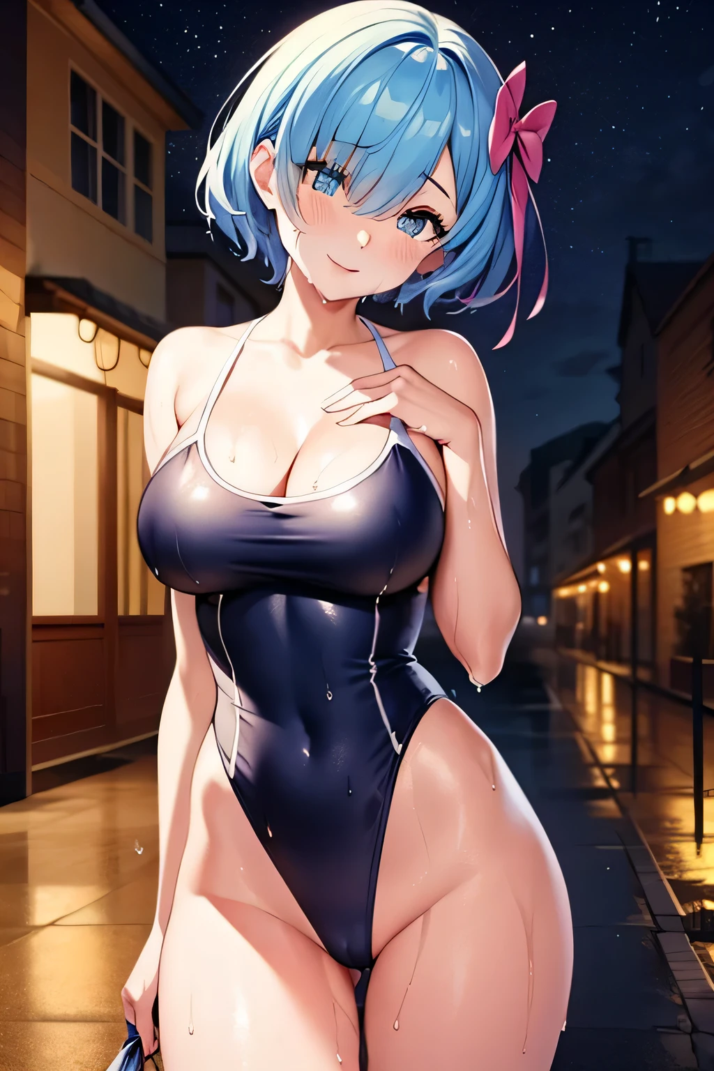 poor, short hair, x Hair accessories, Hair Ribbon, Hair on one eye, Large Breasts, Cleavage, (Low length:1.1),Cowboy Shot,(Wet Skin:1.3),
break
(software), Please place your hand on your chest, head tilt
break
little smile, Happy, (blush), (shut up.)
break
official art, masterpiece, Highest quality, Highest Resolution, 8k, Most detailed, perfect anatomy
break
Wild West, Western Towns, Dust, Night Sky, Highly detailed CG Unity 16K, Very beautiful 16K CG wallpaper,(highleg swimsuit:1.2)