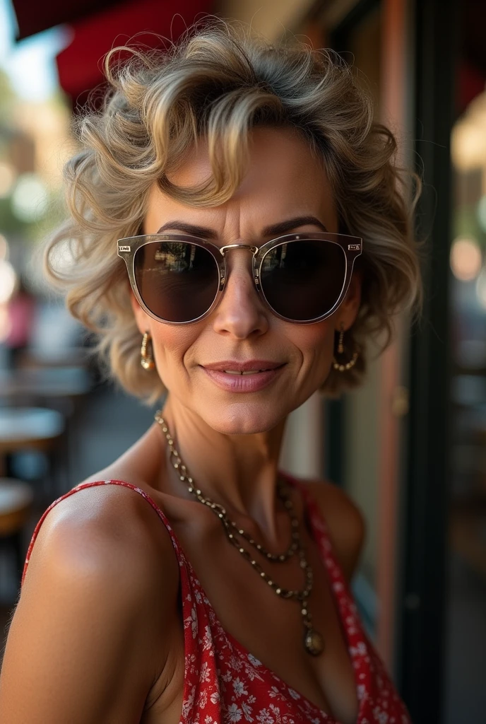 woman 50 years old, short, curly, and wavy hair, sunglasses