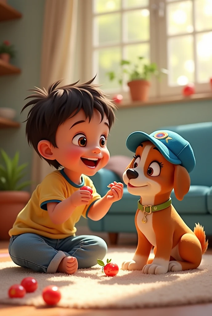 A  child eating candy and playing with a Juliet dog wearing a blue hat 
