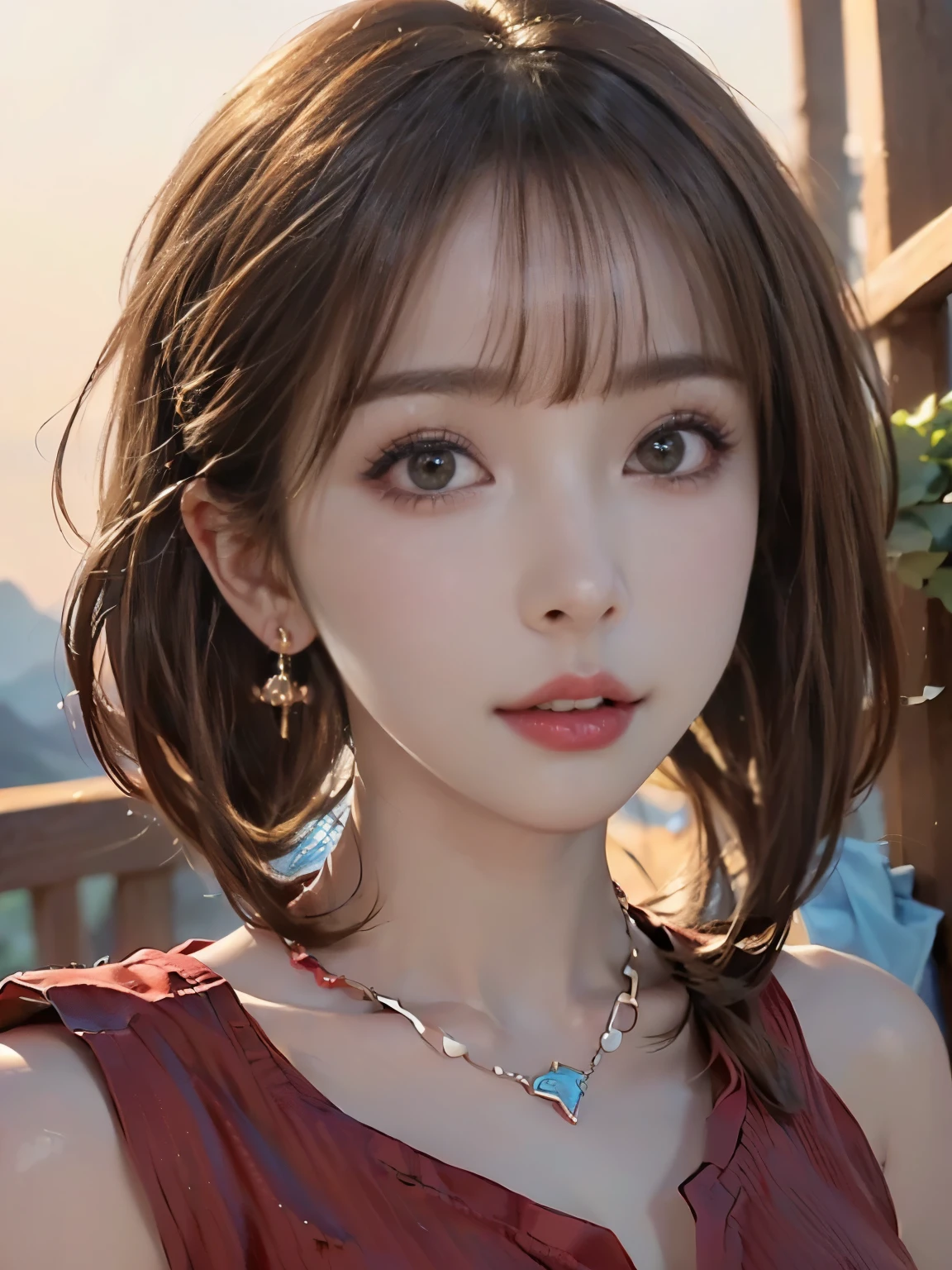 ((((Highest quality))))、(((Ultra-precision CG16K wallpaper)))、(((masterpiece)))、(((Super detailed)))、(((Extreme detail)))、((1Mature 2 woman:1.6))、((Very beautiful Japan face of a person))、((Urizane Face:1.8))、((Short bob one length straight hair、bangs:1.8))、(Shiny Hair)、Beautiful face depicted in detail、(Detailed eyes、Shining black eyes)、double eyelid、High nose、Small nostrils、Small Mouth、Seductive lips、Beautiful breasts、((B cup size breasts))、Cleavage、eight-headed body、Perfect proportions、Perfect Anatomy、Perfect composition、Beautiful detailed shading、Beautiful, natural lighting、Beautiful detail glow、Depth of written boundary、(((High chroma)))、(((Real:1.9)))、((vivid:1.5))、((Beautiful Skin))、((Skin Texture))、((Realな皮膚感))、(((Portrait Shot:1.6)))、(((front view、shoot from front、front low angle:1.6)))、(((Half-open mouth、Surprised face:1.3)))、(((looking at camera:1.6)))、Bright daylight、Natural light、(((background_Mountain、null:1.4)))、(Standing pose:1.6)、(((Wine red ribbed tank top:1.6)))、((necklace、Wearing earrings:1.5))、