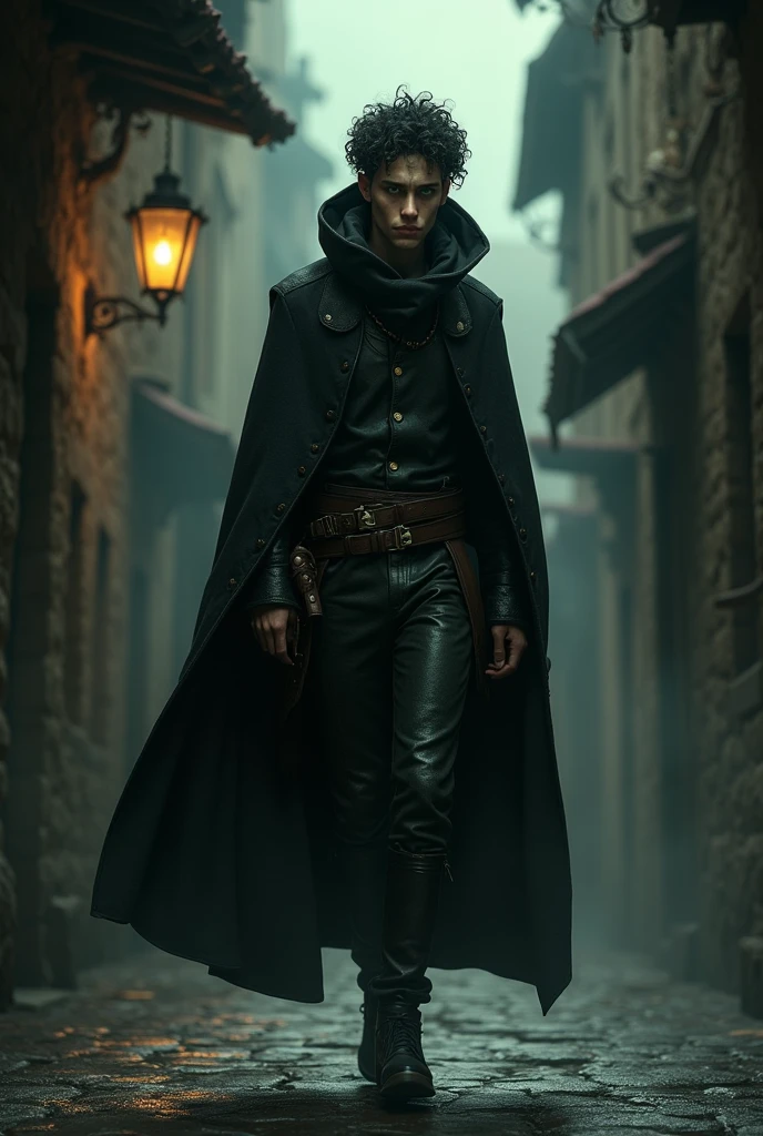 A thief of , naughty man, with pale skin, 1,70 tall. He has striking green eyes and curly black hair.. Your build is thin, and he wears leather clothes with a hood, typical of the medieval era. His expression is cautious, befitting his suspicious nature as he navigates the shadows.