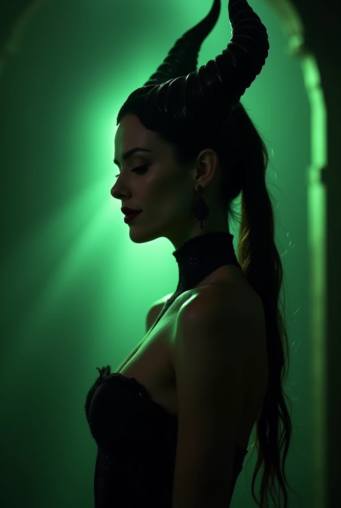 A stunning profile portrait of Maleficent in the nude, young and beautiful, hyper realistic, real portrait, backlit, exquisite features, cleavage, sexy, seductive, unnatural light, soft light, location is the interior of a dungeon, green light, eerie, purple highlights:1.4, she is smirking, she is busty, her chin is raised, looking down at viewer, low angle shot, h her body is nude, naked and powerful, visible breasts, visible nipples, she is standing, narrow waist, wide hips, exquisite features, exotic, high cheekbones