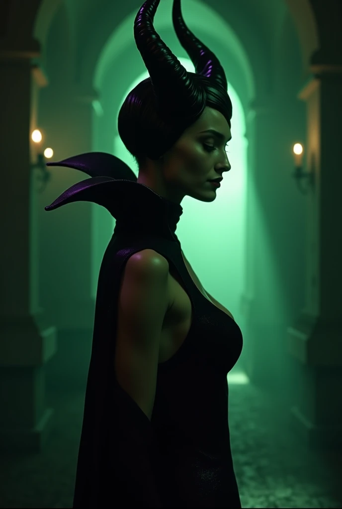 A stunning profile portrait of Maleficent in the nude, young and beautiful, hyper realistic, real portrait, backlit, exquisite features, cleavage, sexy, seductive, unnatural light, soft light, location is the interior of a dungeon, green light, eerie, purple highlights:1.4, she is smirking, she is busty, her chin is raised, looking down at viewer, low angle shot, h her body is nude, naked and powerful, visible breasts, visible nipples, she is standing, narrow waist, wide hips, exquisite features, exotic, high cheekbones