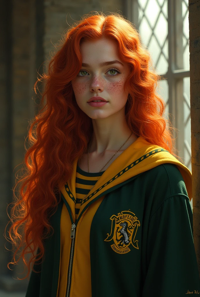 she is redheaded with long curly hair, she has lots of freckles, she has dark green eyes/marrons et elle porte un uniforme de poufsouffle à poudlard