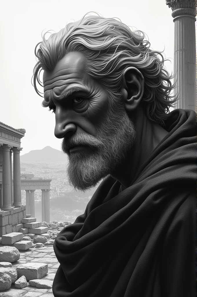 Zeno's face in front of the ruins of Athens in black and white.negro