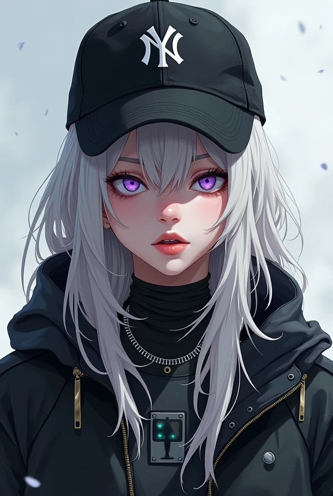 work of art, best qualityer, 4K, ultra HD, Mishoujo, painting-like, beautiful eyes and detailed face, illustration, Beautiful detailed, high resolution illustration, Ablaze_offwhite_particles, 1 girl, offwhite hair, light purple eye, hair over one eye, short side detail, boné de baseball,unexpressive, blind, Black jacke, Chest Rig, cyber punk, technological clothing,(impressionism:1.4)