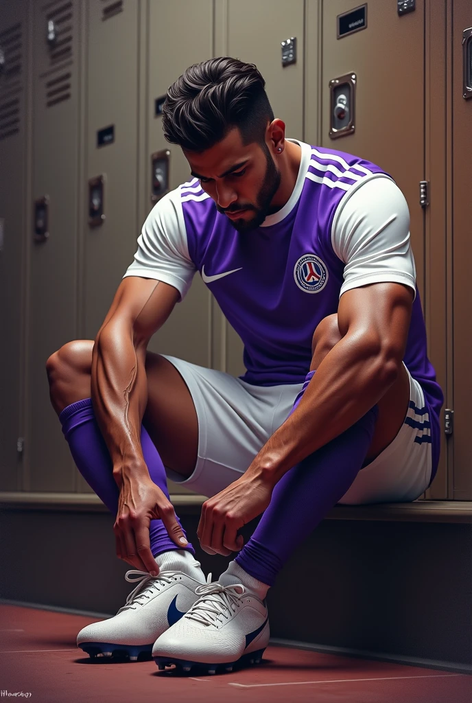 A football player named Moreira sitting in the locker room tying his boots and getting ready for the game, “Galados City”, The team colors are White and Purple. I WANT IT WITH MAXIMUM AURA