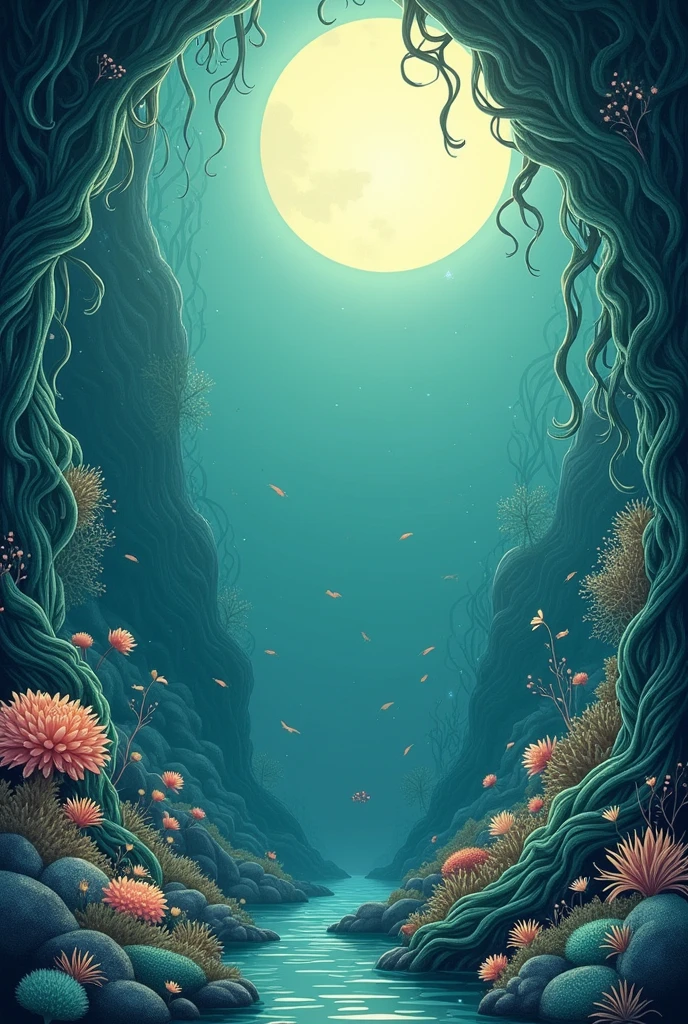 An illustration in the style of Art Nouveau featuring a A serene moonlit landscape in a Ocean floor . The color palette should be Pastel shades and the mood should be Romantic . The illustration should be detailed and have a High level of complexity.