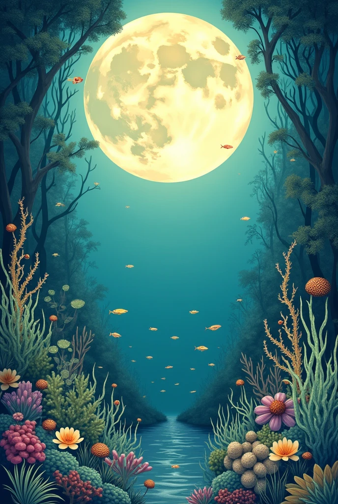 An illustration in the style of Art Nouveau featuring a A serene moonlit landscape in a Ocean floor . The color palette should be Pastel shades and the mood should be Romantic . The illustration should be detailed and have a High level of complexity.