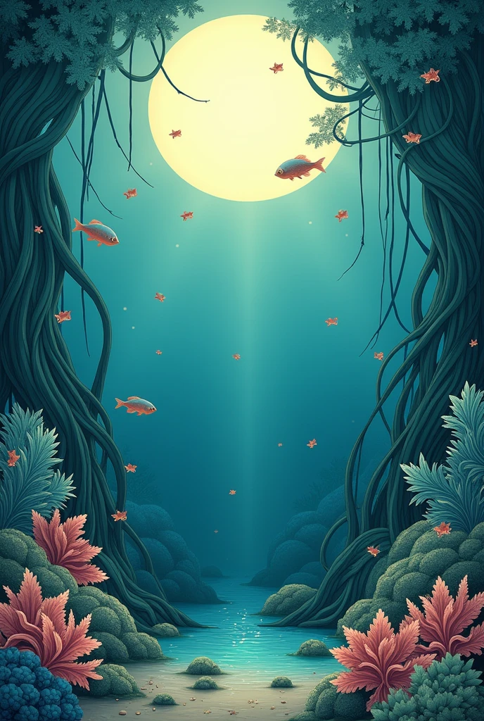 An illustration in the style of Art Nouveau featuring a A serene moonlit landscape in a Ocean floor . The color palette should be Pastel shades and the mood should be Romantic . The illustration should be detailed and have a High level of complexity.