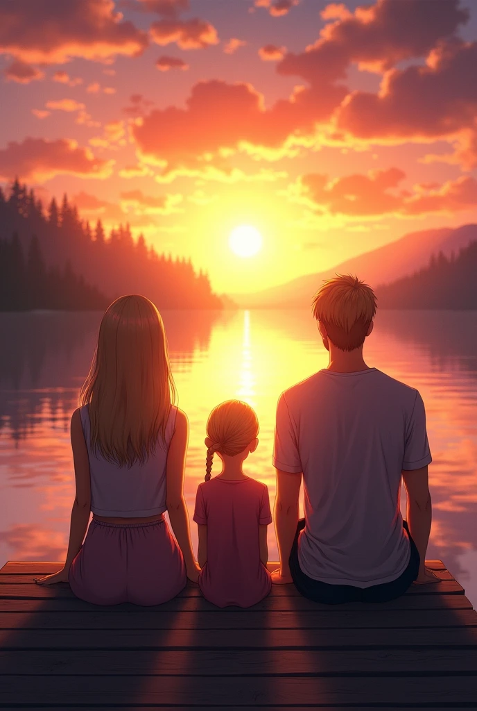 A sunset with orange tones, yellow and pink lake behind a beautiful lake. Accompanied by a blonde, a blonde and a girl with a side braid. they are approximately . make them look at the sunset, sitting on the edge of the pier with their backs to the image