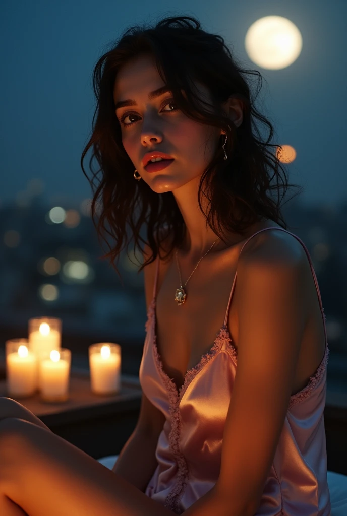 (32K:1.5, Highest quality, masterpiece, Ultra-high resolution), Professional camera work:1.6, Highly detailed skin and face textures:1.3, Captivating portrait:1.3, Very accurate, Very detailed, 1 adult female, ((Amazing night view from the rooftop, The moonlight at night illuminates my body)), (Satin Nightgown:0.5), Incredibly slim body, Fair skin, elegant features, Expressions of sadness, (Big eyes that exude beautiful eroticism:0.8, Sad expression:1.0, I love you with all my heart:0.8, Open your mouth a little, lipstick, Feel the beautiful eroticism:0.8), (Wet dark brown medium length hair), Candles, The chest is medium, Earrings, necklace, bracelet, romantic, mysterious, Tilt, Sensual sitting position, ((Adult charm, Feminine charm, Hair blowing in the wind))