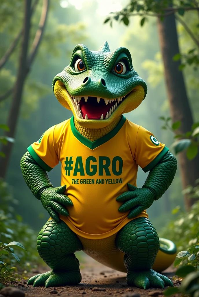 A crocodile sports mascot wearing a yellow-green shirt that says "#AGRO the green and yellow" on a background of trees
