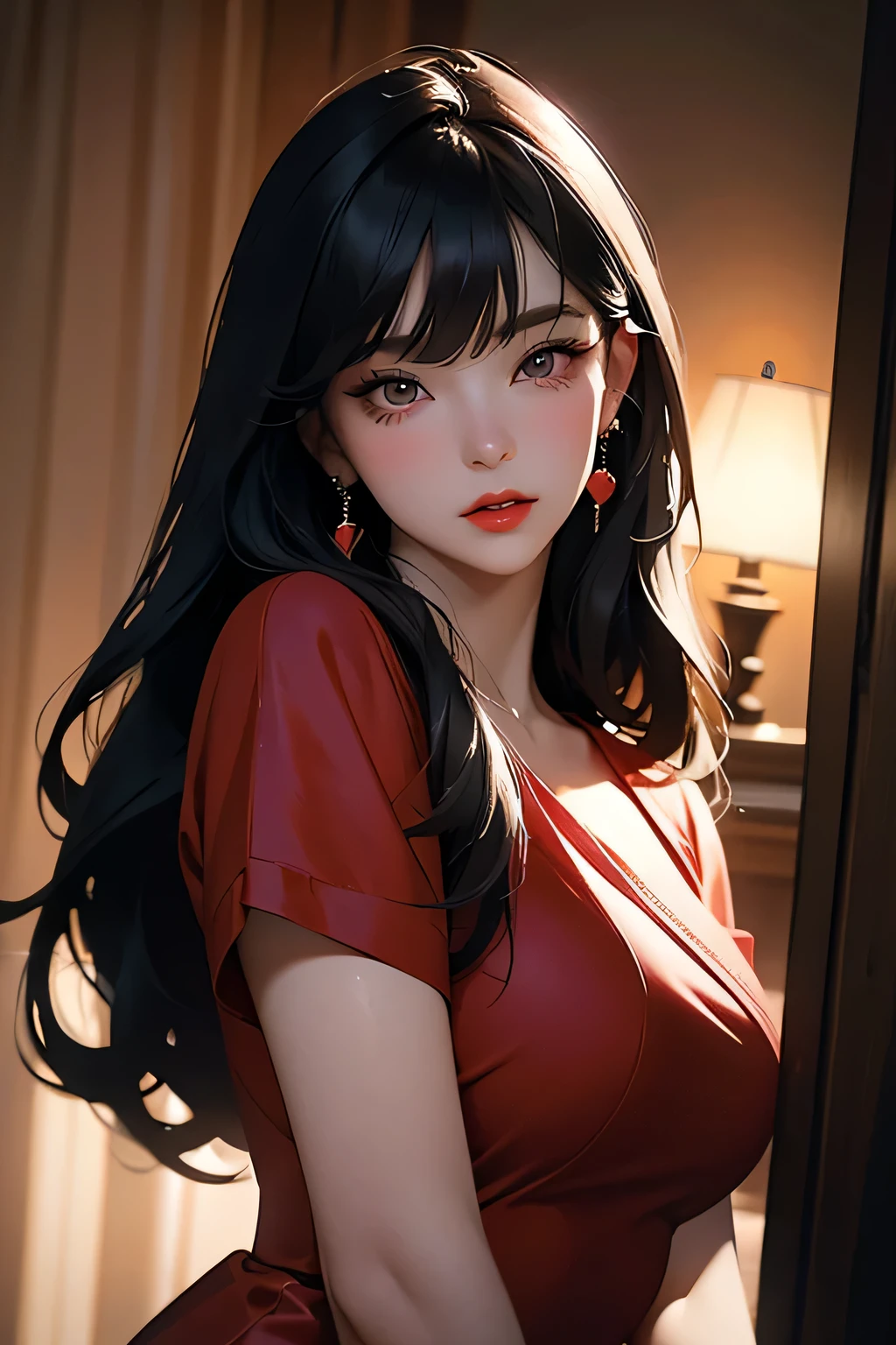 Bae irene, a beautiful young woman with long black hair with bangs, wearing a red satin dress, heart  earrings, red hair bow, 1girl, beautiful detailed eyes, beautiful detailed red lips, extremely detailed eyes and face, long eyelashes, high fashion, elegant, cinematic lighting, dramatic lighting, intricate details, photorealistic, 8k, ultra-detailed, best quality, masterpiece, vibrant colors, glowing skin, volumetric lighting, natural pose, dynamic composition, dramatic lighting, chiaroscuro, cinematic framing, moody atmosphere, elegant, glamorous