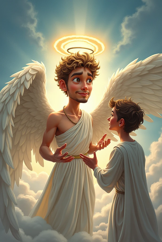 I want you to create a caricature of Apollo, the Greek god, as if he were an angel, which is pretending to talk to someone 