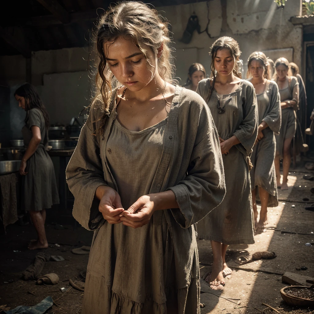 The girls are serf workers of the workhouse, young and beautiful, but exhausted by unbearable hard labor, like jaded animals, intimidated and beaten, barefoot in torn shirts made of coarse canvas and skirts made of burlap, barefoot, their hair is disheveled, not washed for a long time, sweaty, drops of sweat on their face and body, heat stuffiness, many details hyperrealism, gloomy the atmosphere, hopelessness and hopelessness