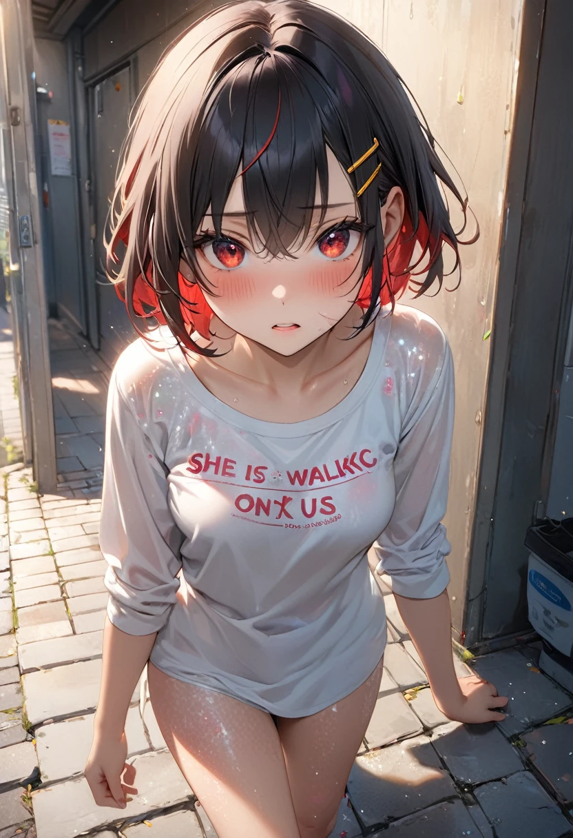 (8k, RAW Photos, Highest quality, masterpiece: 1.2), masterpiece, Super Detail,Best lighting, (Realistic and photorealistic photography: 1.4), High-resolution RAW color photos, Highly detailed mouth,1 young cute girl, Background Blur, blush, Depth of written boundary, Hair between the eyes,short hair,(red inner hair with yellow hairpin:1.2),(red eyes:1.3),(Oily skin:1.1), Embarrassed,),Black Hair,in the messy Restroom,glitter skin,short,young,,medium breasts,Looking at viewer,random cloth,(she is walking nearby us on the pavement and talk to us:1.3)