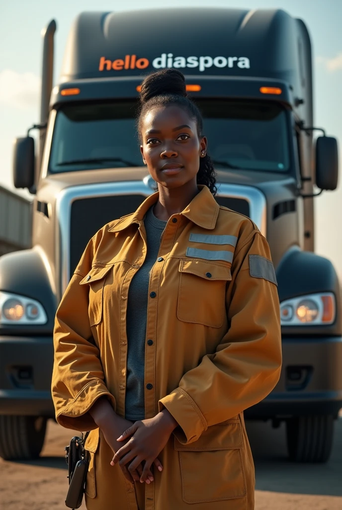 African female truck driver standing in front of the cargo 1 trailer truck, with the side of the trailer visible branded "hello Diaspora" 