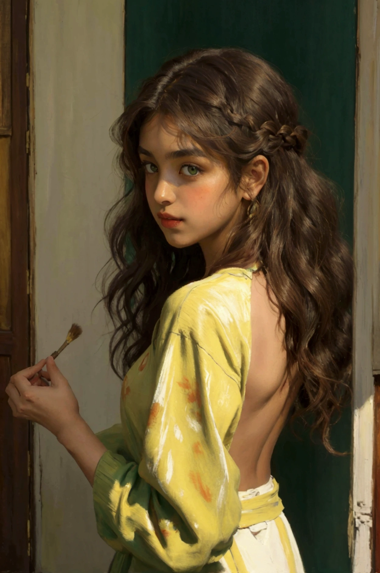 a painting of a light brown-skinned girl, green eyes and curly brown hair naked you can only see her back and her hair